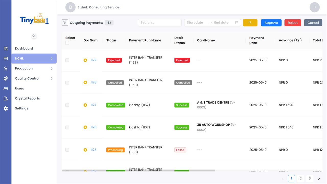 Screenshot of the TinyBee1 business platform